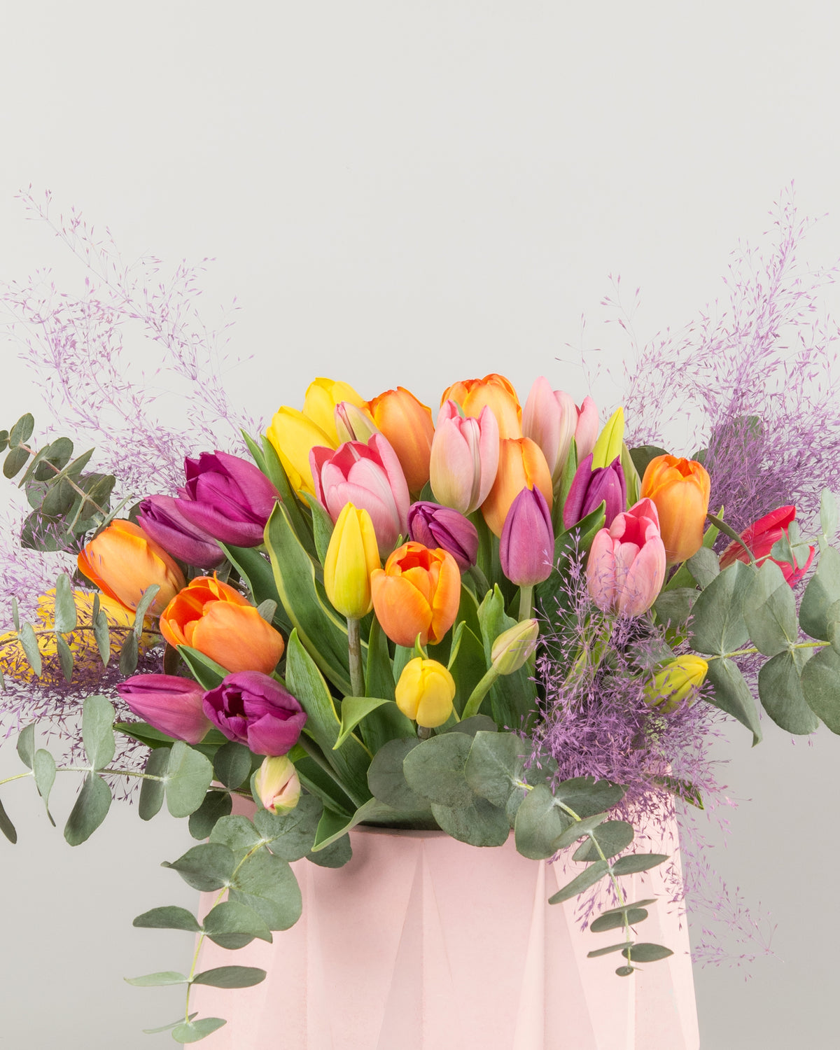 Blush Tulip Delight Arrangement with Balloons in a Pink Pot