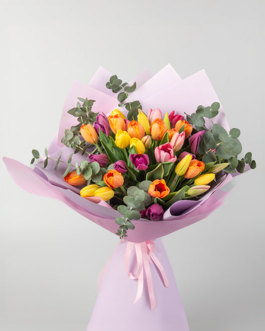 Vibrant Tulip Bloom Bouquet - 30 Colorful Tulips