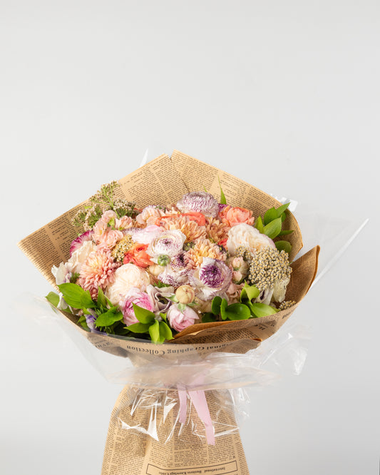 Editorial Elegance: Mixed Blooms in Chic Paper Wrap - Pastel Color Mix