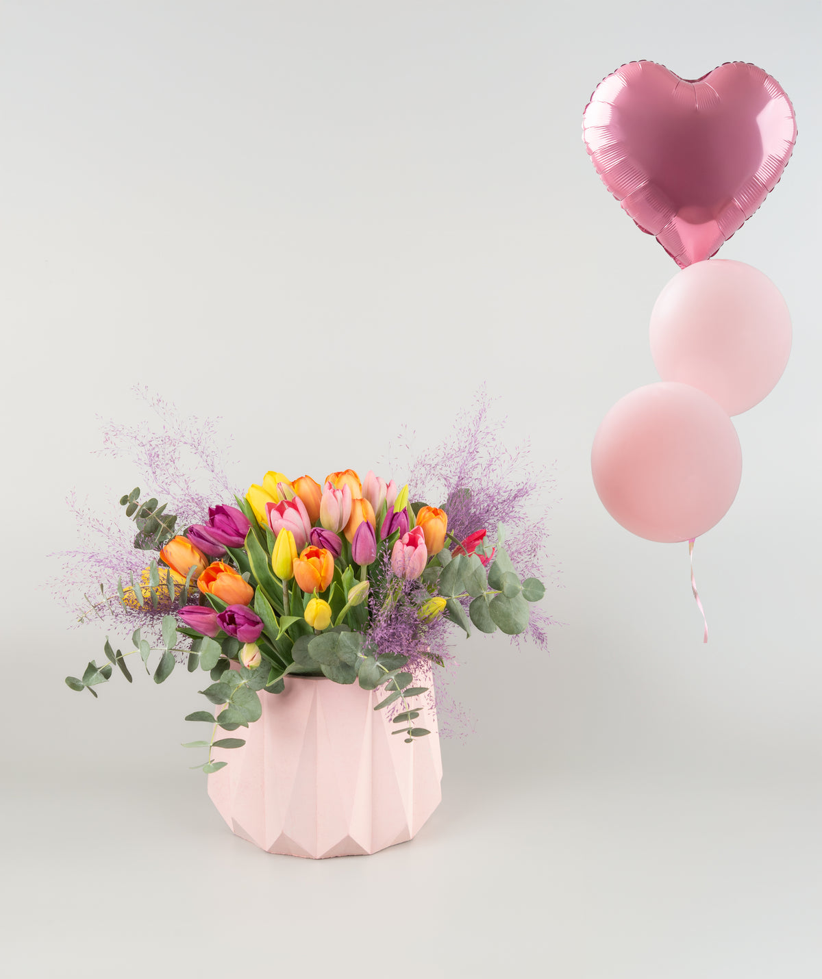 Blush Tulip Delight Arrangement with Balloons in a Pink Pot
