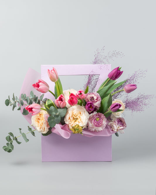 Tulips Bloom Handbag Arrangement - Purple Tulips with Mixed Flowers