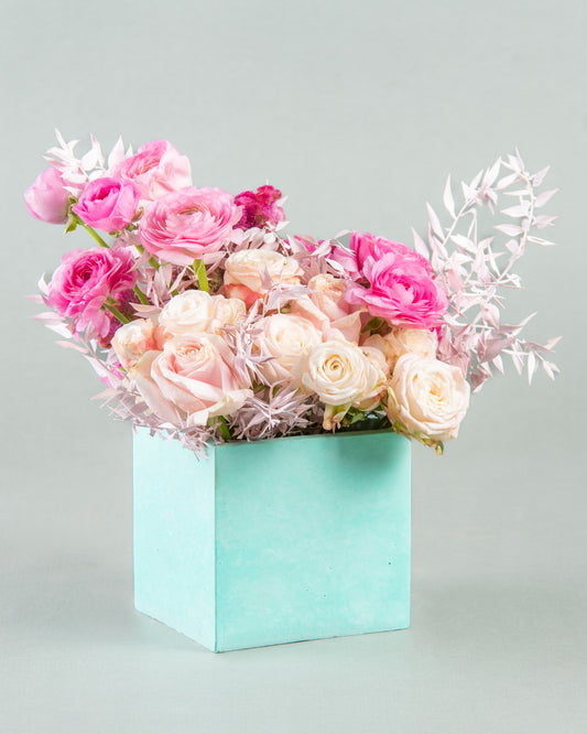 Pastel Perfection: Sweet Flowers & Renoculus in Square Green Concrete Vase